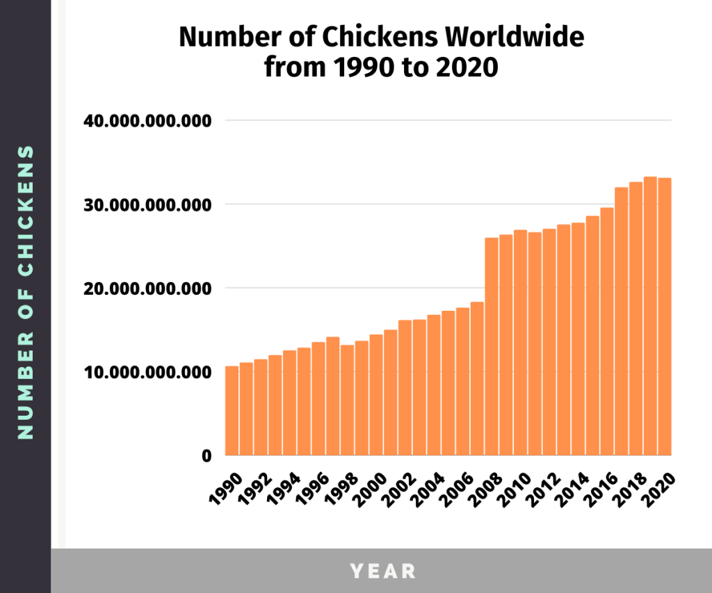 Graph of the number of chickens worldwide ranging from 1990 to 2020