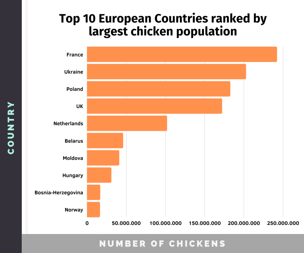 Graph of the top 10 European countries ranked by largest chicken population, with France and Ukraine on top