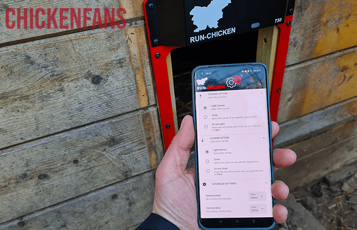 run chicken app showed on a phone at the run chicken coop door