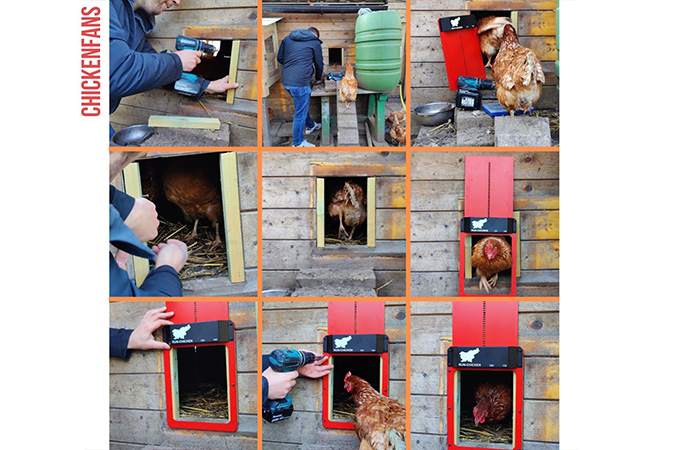 Several steps shown on how to install the run chicken coop door