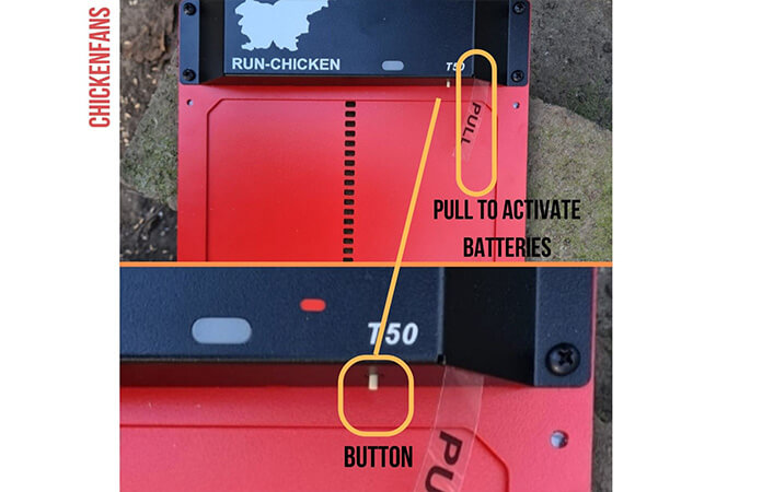 close up of the button and plastic band on the run chicken coop door