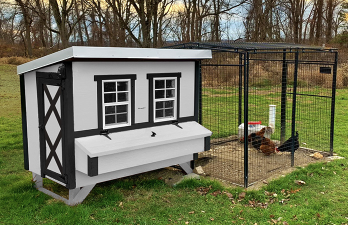 farmhouse OverEZ chicken coop, in black and white