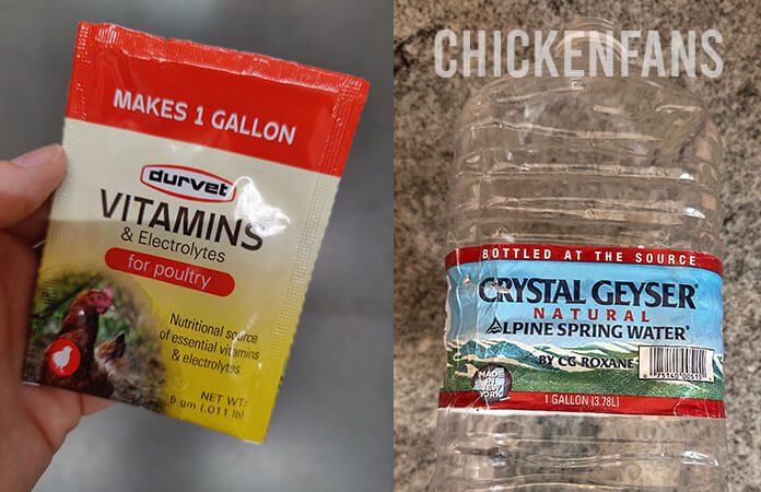 A single dose Durvet Vitamins & Electrolytes for poultry package for exactly 1 gallon and an empty water bottle of exactly 1 gallon to be filled with the supplement