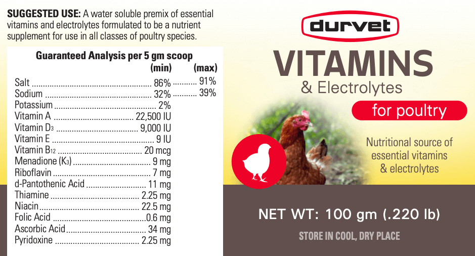 durvet vitamins & electrolytes for poultry label with suggested use and guaranteed analysis per 5gram scoop