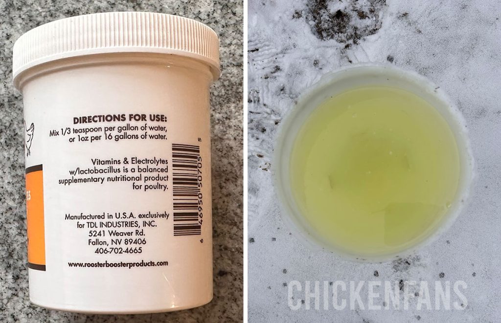 directions for use of rooster booster vitamins & electrolytes and how it looks like if you mix it