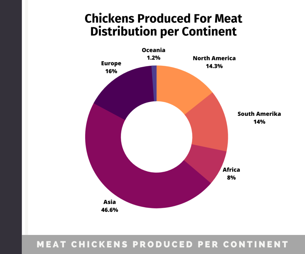 graph of the distribution of chickens produced for meat per continent in the world with asia taking 46%