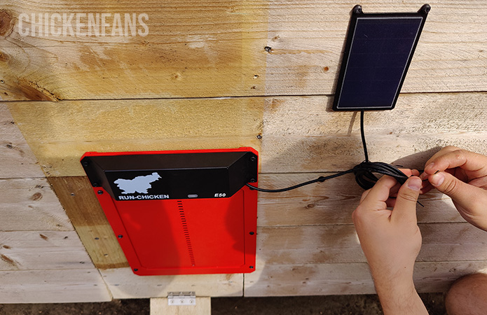 Rolling up the cord of the solar power connected to the run chicken automatic coop door