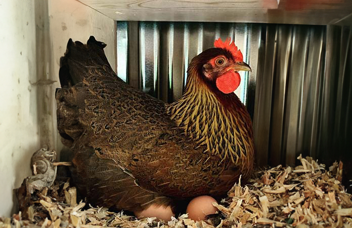 a welsummer chicken sitting in a nesting box